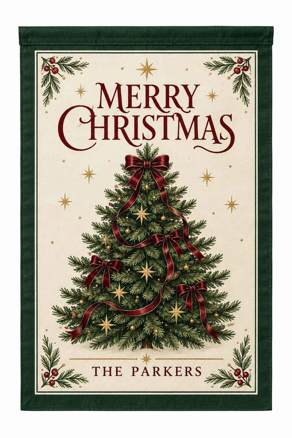 Christmas evergreen garden flag design mockup with the sample family name The Parkers