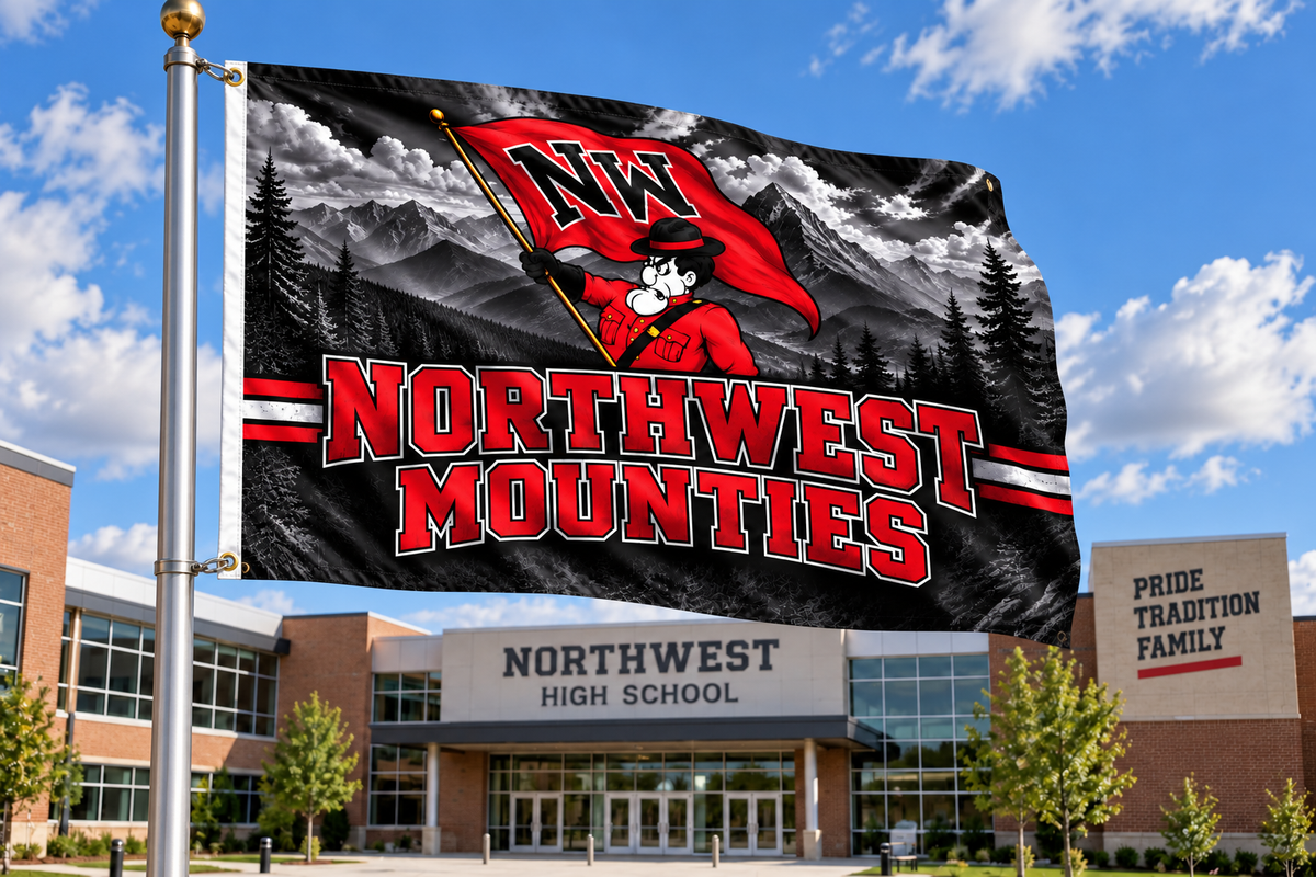 School flag mockup with both left grommets visibly clipped directly to the pole
