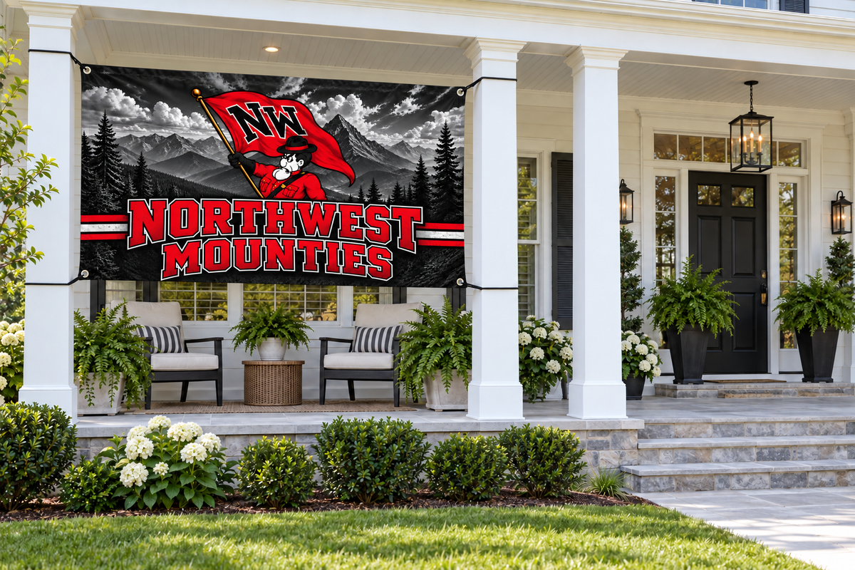 Northwest Mounties Spirit Flags & Banners – Design 1 – 4 by 8 foot banner tied through four corner grommets beside an open entrance