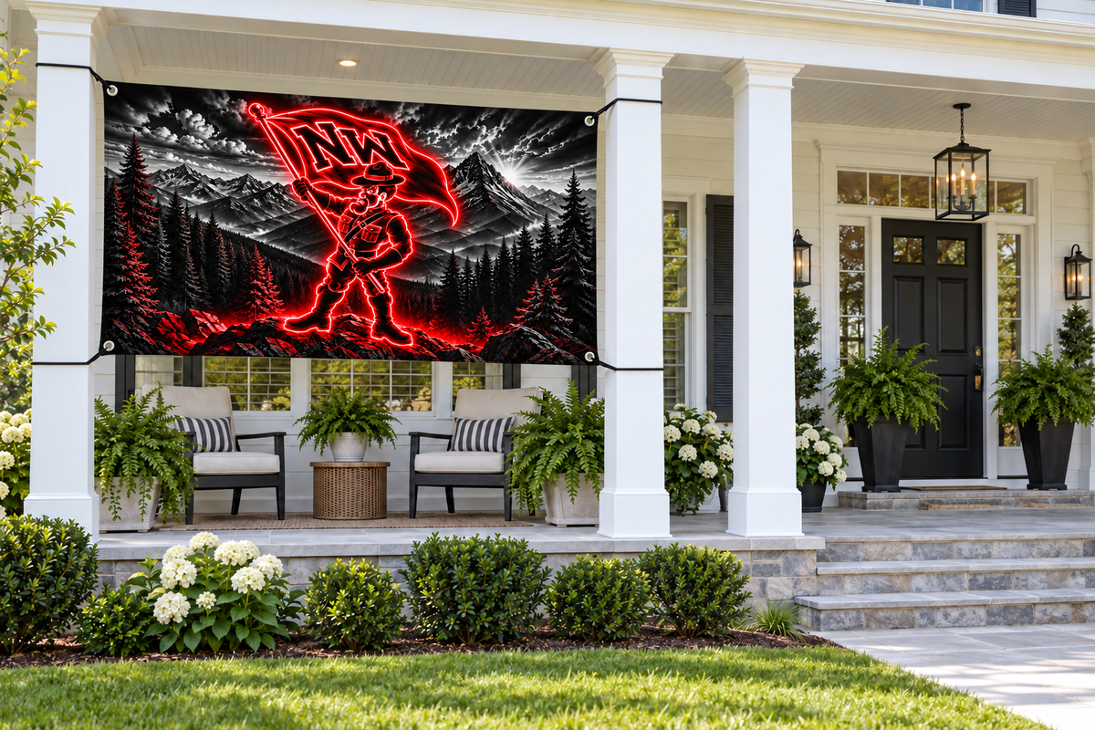 Northwest Mounties Spirit Flags & Banners – Design 2 – 4 by 8 foot banner tied through four corner grommets beside an open entrance