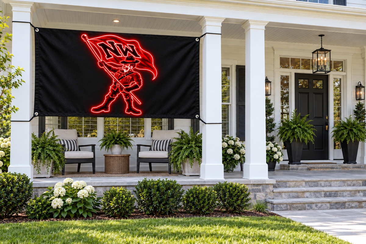 Northwest Mounties Spirit Flags & Banners – Design 3 – 4 by 8 foot banner tied through four corner grommets beside an open entrance