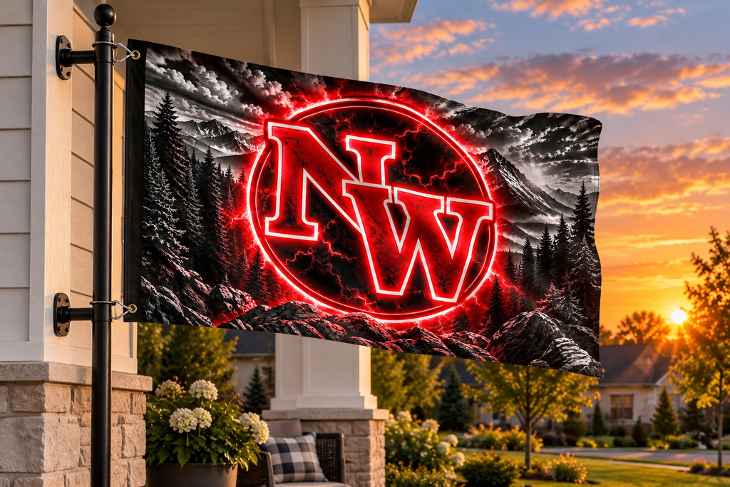 School flag mockup with both left grommets visibly clipped directly to the pole