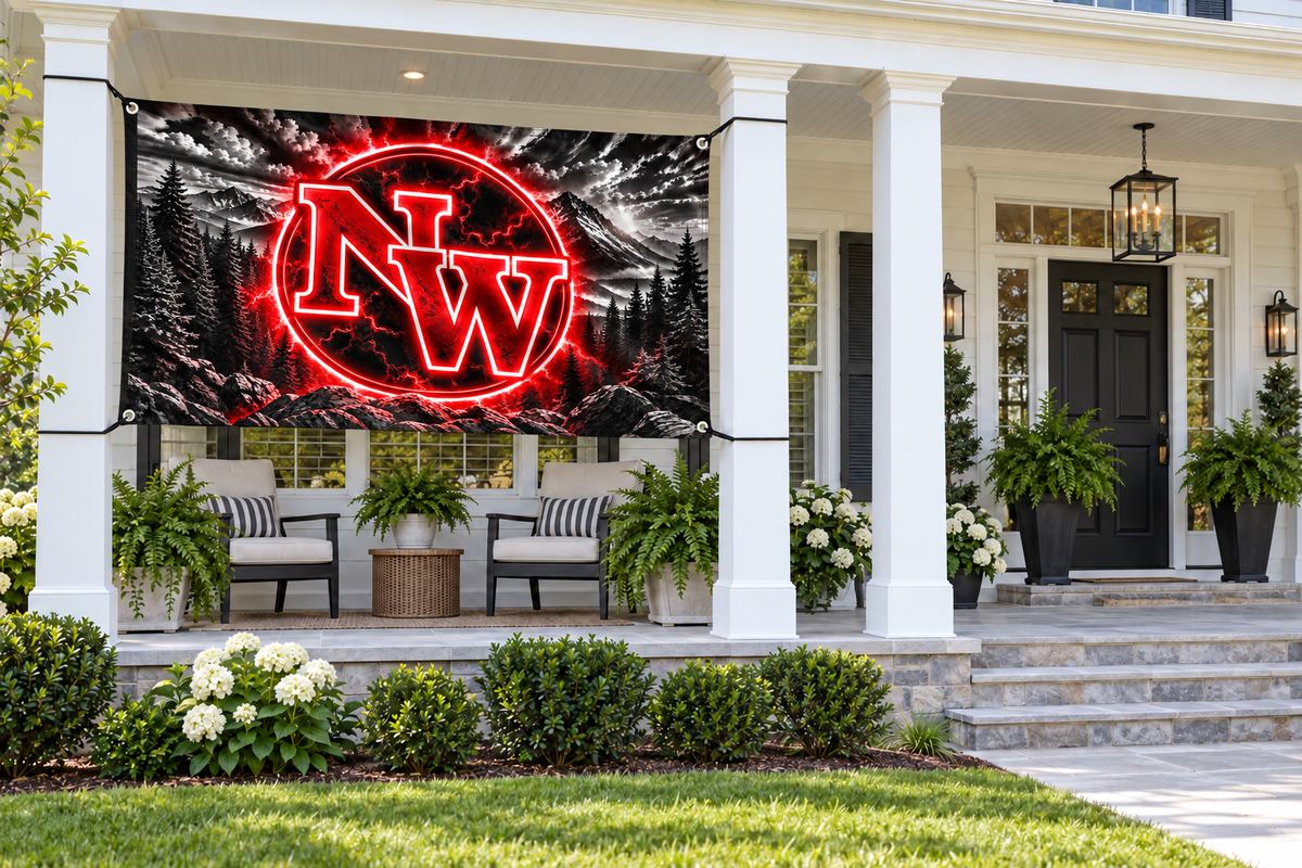 Northwest Mounties Spirit Flags & Banners – Design 4 – 4 by 8 foot banner tied through four corner grommets beside an open entrance