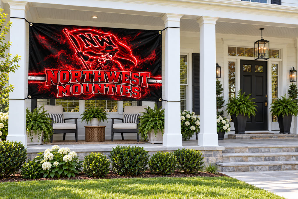 Northwest Mounties Spirit Flags & Banners – Design 5 – 4 by 8 foot banner tied through four corner grommets beside an open entrance