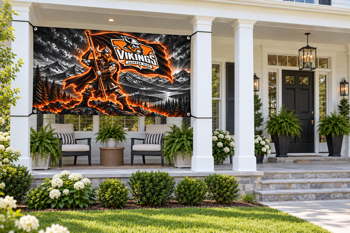 Jackson Vikings Spirit Flags & Banners – Orange Glowing Viking – 4 by 8 foot banner tied through four corner grommets beside a clear front entrance