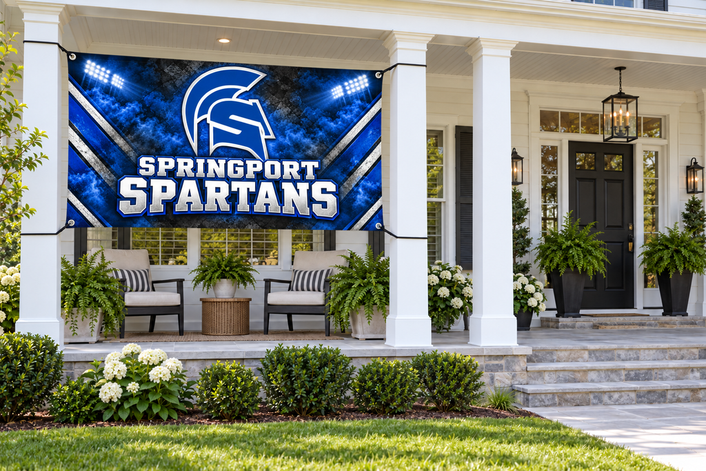 Springport Spartans Spartan Pride Flags & Banners – 4 by 8 foot banner attached through all four corner grommets beside an open entrance