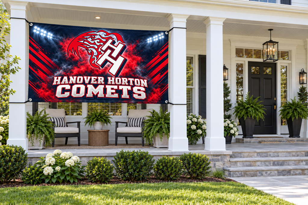 Hanover Horton Comets Comet Pride Flags & Banners – 4 by 8 foot banner attached through all four corner grommets beside an open entrance