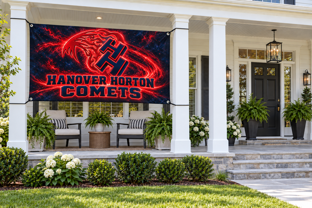Hanover Horton Comets Red Glow Comet Flags & Banners – 4 by 8 foot banner attached through all four corner grommets beside an open entrance