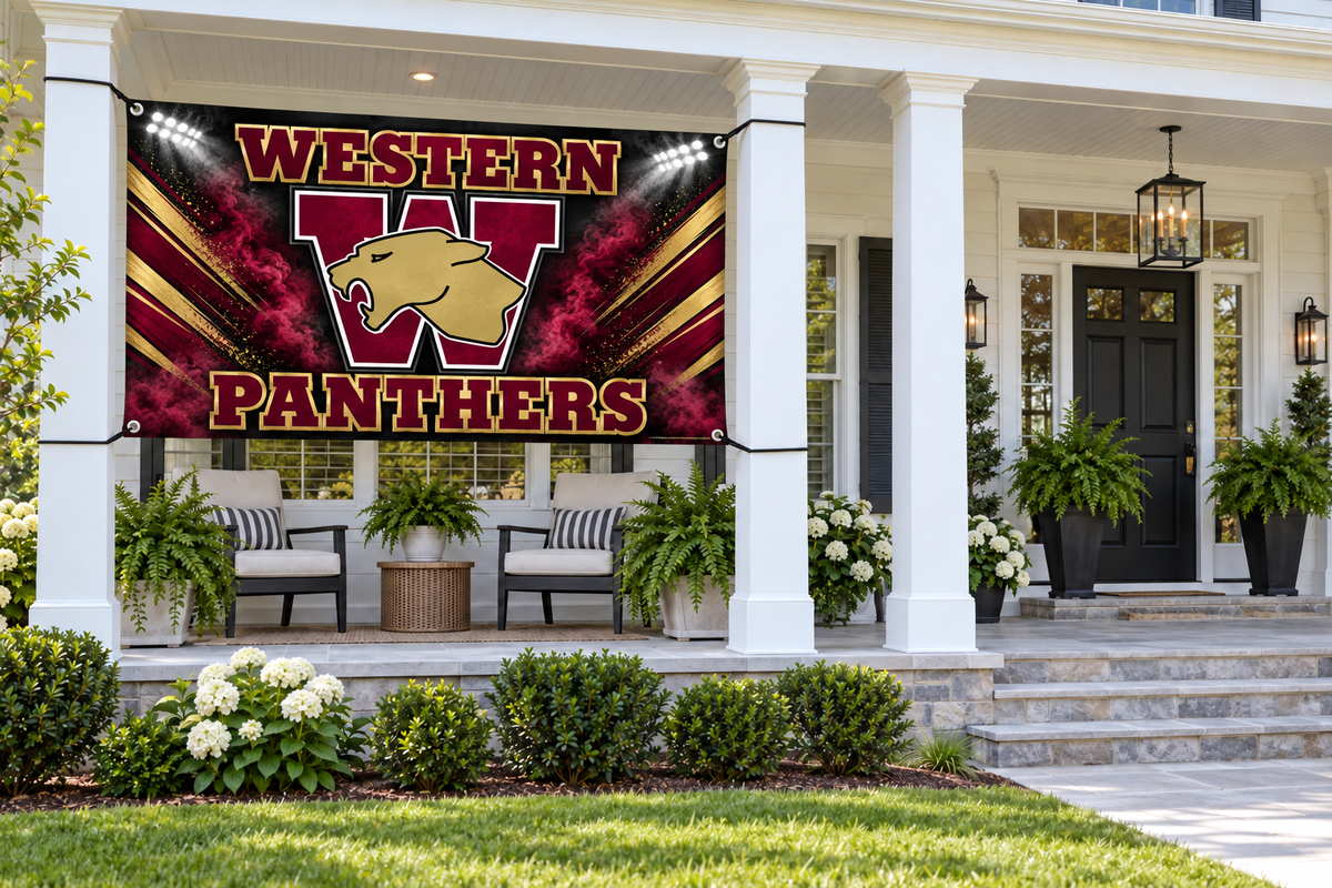 Western Panthers Panther Pride Flags & Banners – 4 by 8 foot banner tied through four corner grommets in a side porch bay; front door and walkway clear