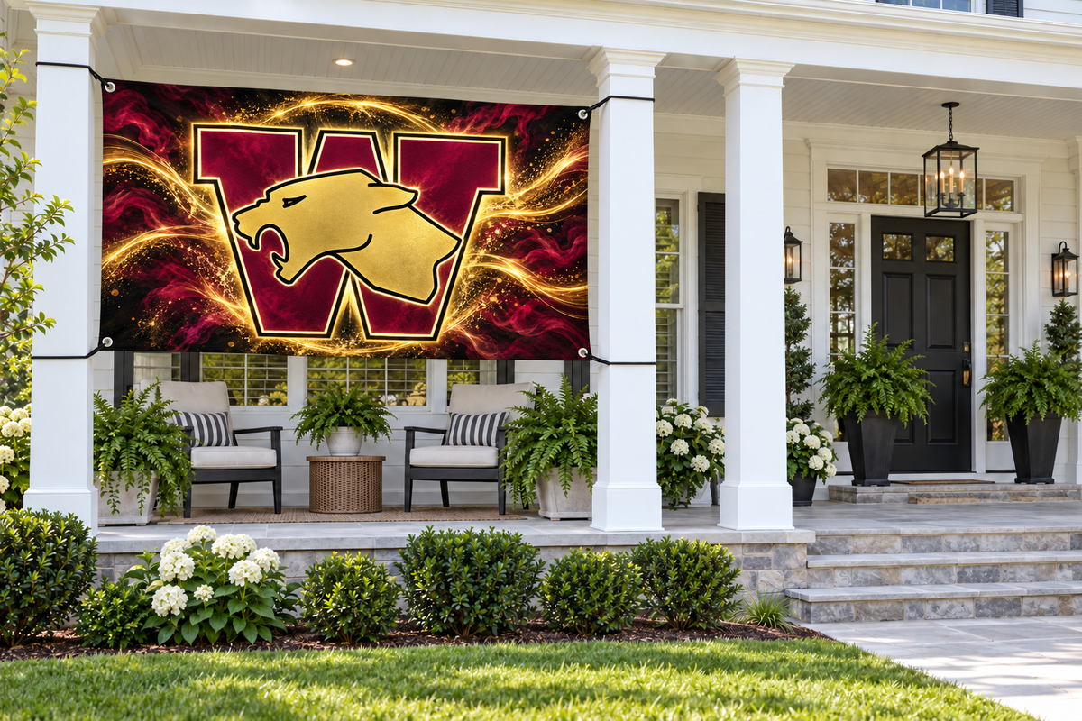 Western Panthers Gold Glow Panther Flags & Banners – 4 by 8 foot banner tied through four corner grommets in a side porch bay; front door and walkway clear
