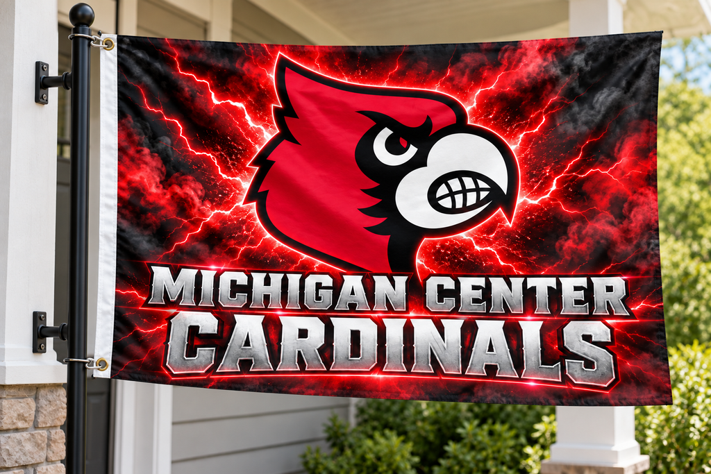 School flag mockup with both left grommets visibly clipped directly to the pole