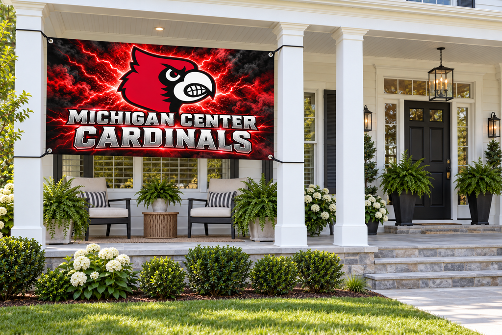 Michigan Center Cardinals Red Glow Cardinal Flags & Banners – 4 by 8 foot banner tied through four corner grommets in a side porch bay; front door and walkway clear