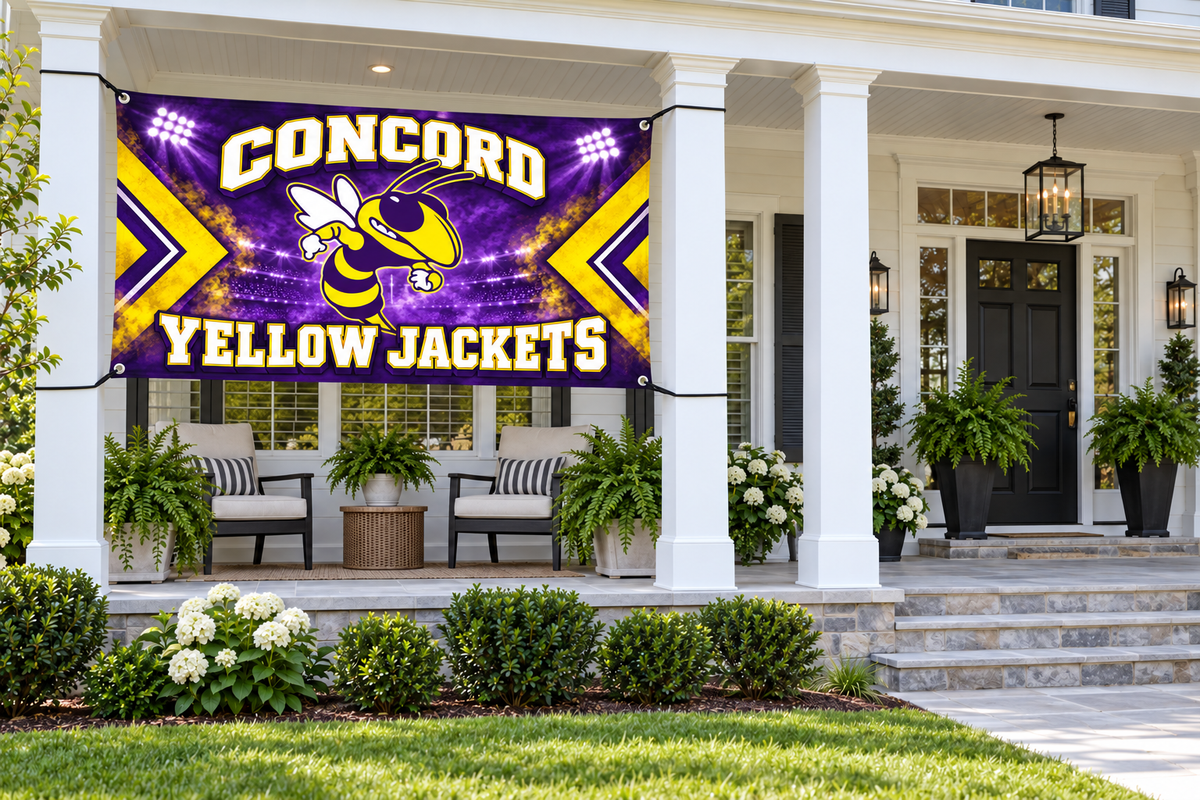 Concord Yellow Jackets Jacket Pride Flags & Banners – 4 by 8 foot banner tied through four corner grommets beside a clear front entrance