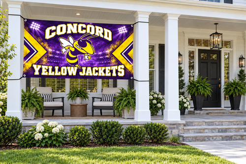 Concord Yellow Jackets Jacket Pride Flags & Banners – 4 by 8 foot banner tied through four corner grommets beside a clear front entrance