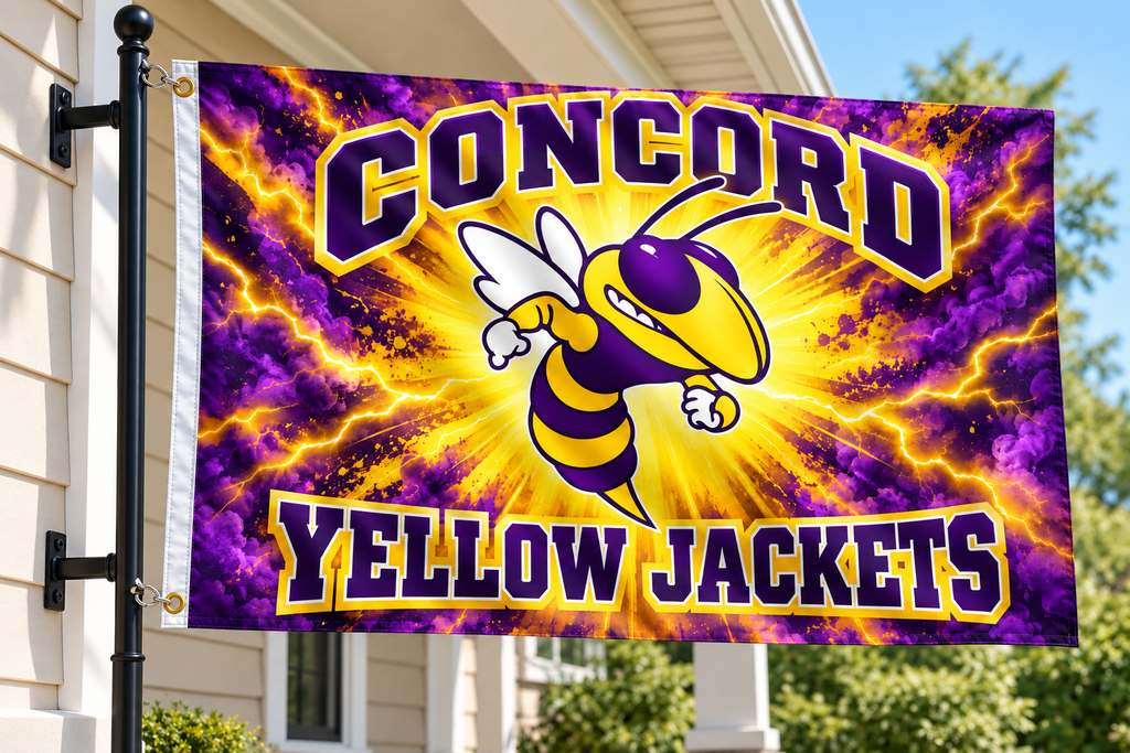School flag mockup with both left grommets visibly clipped directly to the pole