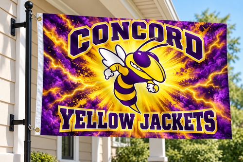 School flag mockup with both left grommets visibly clipped directly to the pole