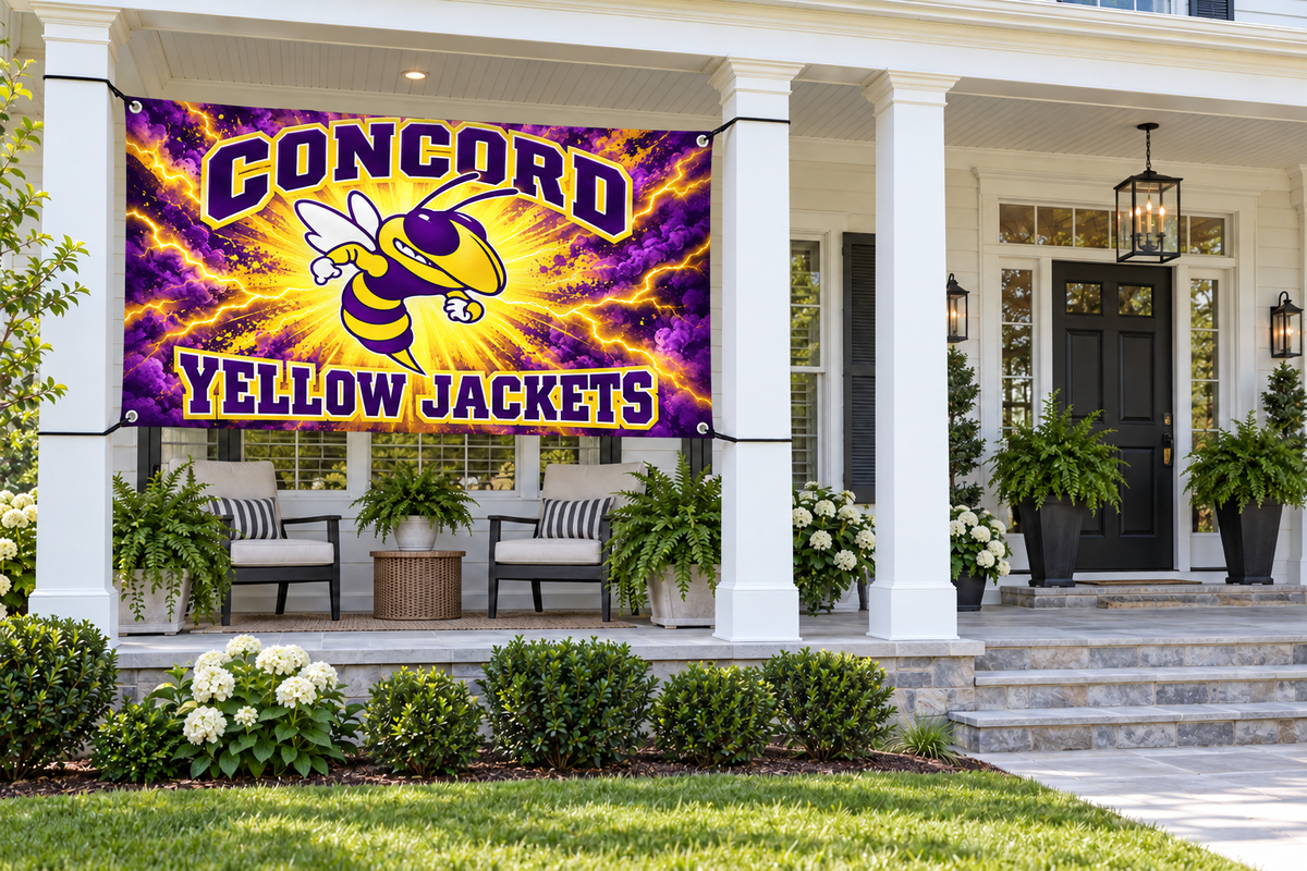 Concord Yellow Jackets Purple & Gold Energy Flags & Banners – 4 by 8 foot banner tied through four corner grommets beside a clear front entrance