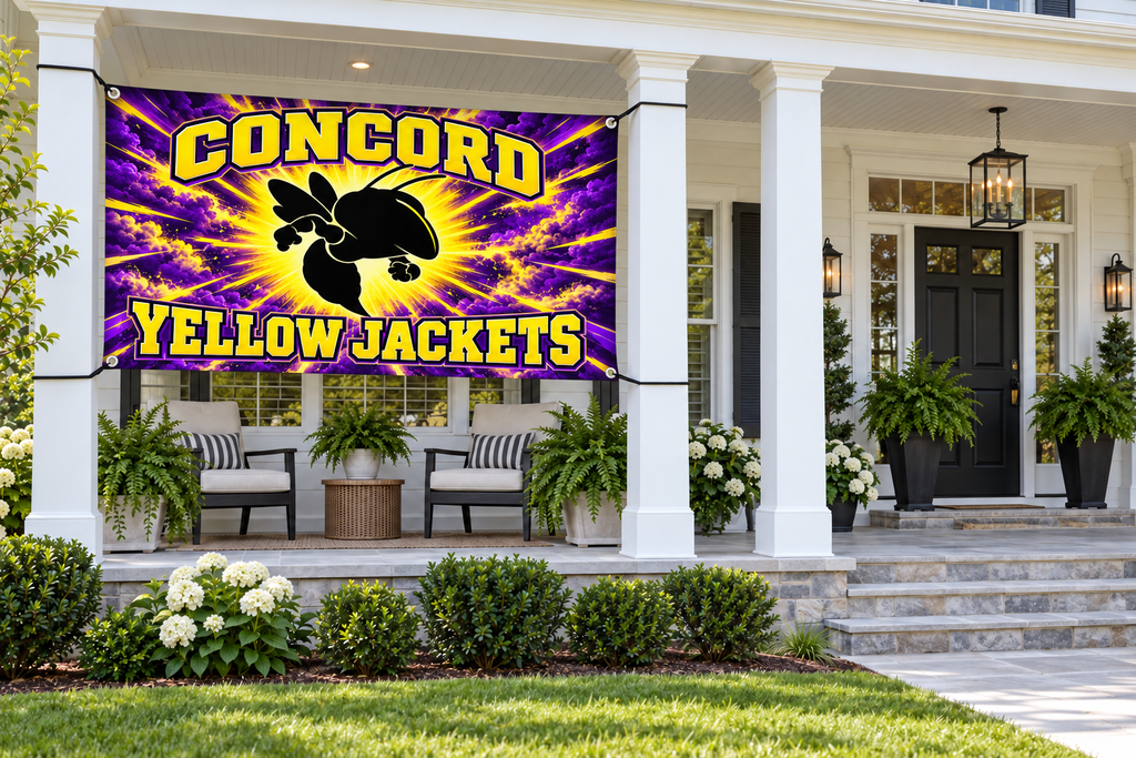 Concord Yellow Jackets Blackout Burst Flags & Banners – 4 by 8 foot banner tied through four corner grommets beside a clear front entrance