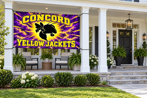 Concord Yellow Jackets Blackout Burst Flags & Banners – 4 by 8 foot banner tied through four corner grommets beside a clear front entrance