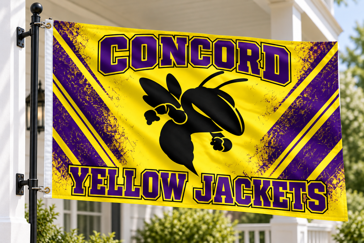 School flag mockup with both left grommets visibly clipped directly to the pole
