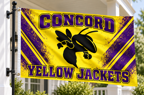 School flag mockup with both left grommets visibly clipped directly to the pole