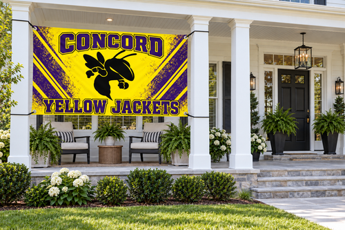 Concord Yellow Jackets Blackout Stripes Flags & Banners – 4 by 8 foot banner tied through four corner grommets beside a clear front entrance