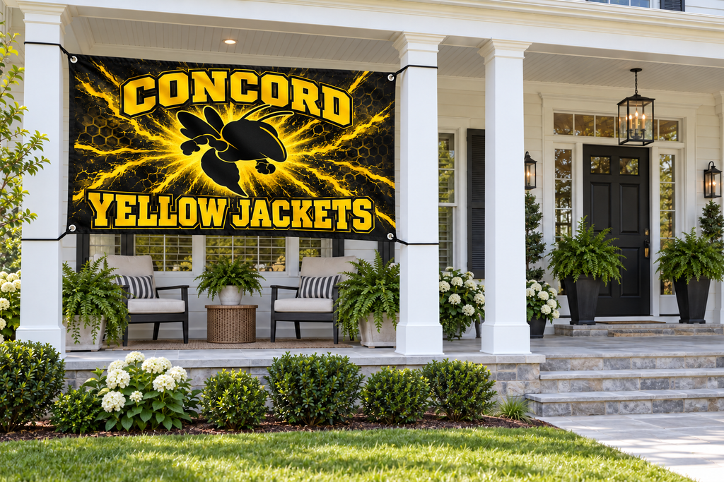 Concord Yellow Jackets Black & Yellow Strike Flags & Banners – 4 by 8 foot banner tied through four corner grommets beside an open entrance