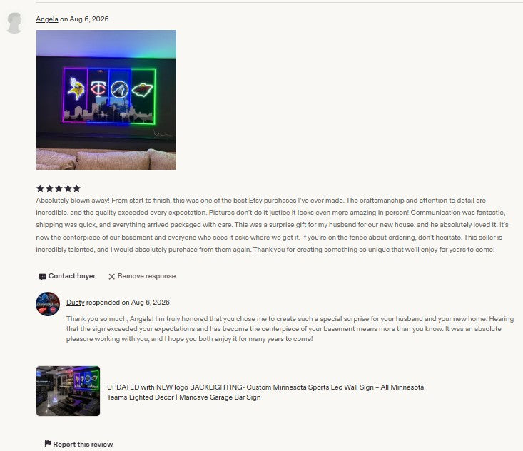 Customer review screenshot for DusignsByDusty LED wall sign