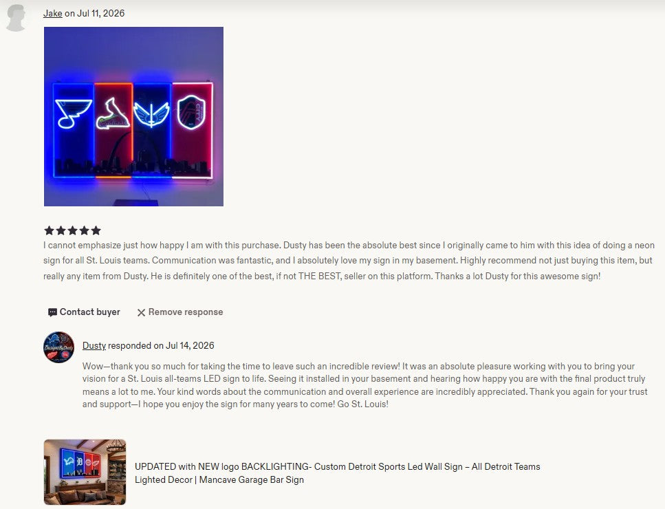 Customer review screenshot for DusignsByDusty LED wall sign