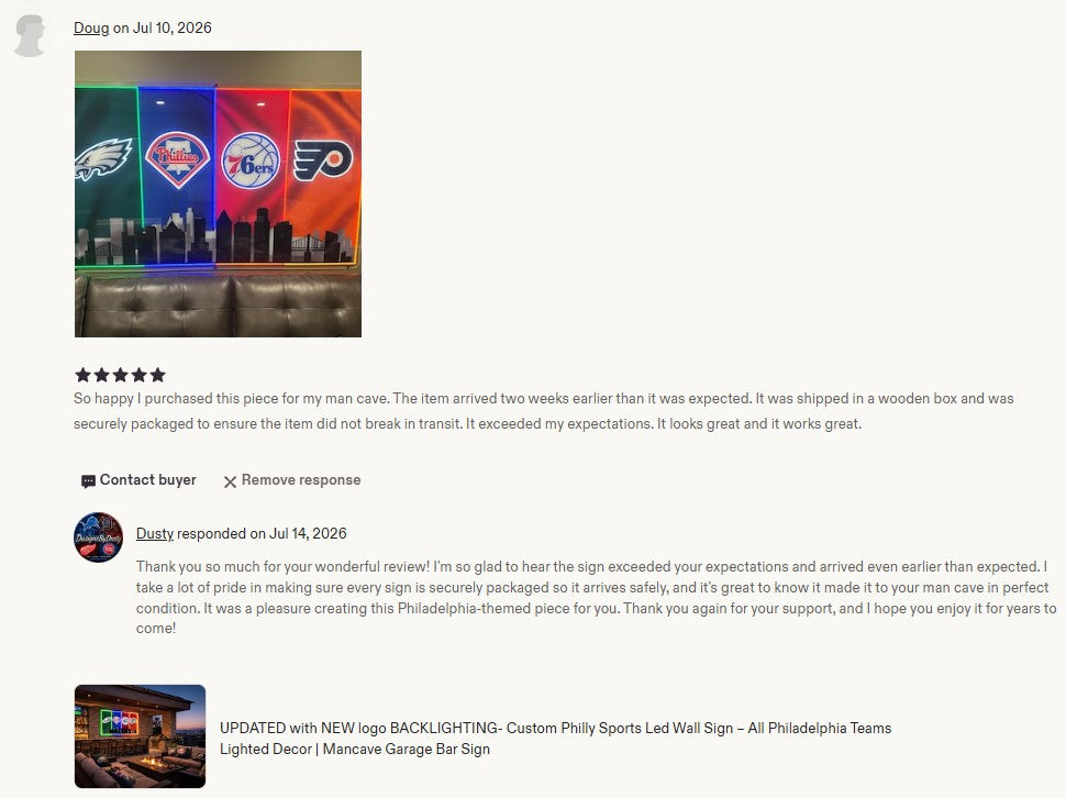 Customer review screenshot for DusignsByDusty LED wall sign