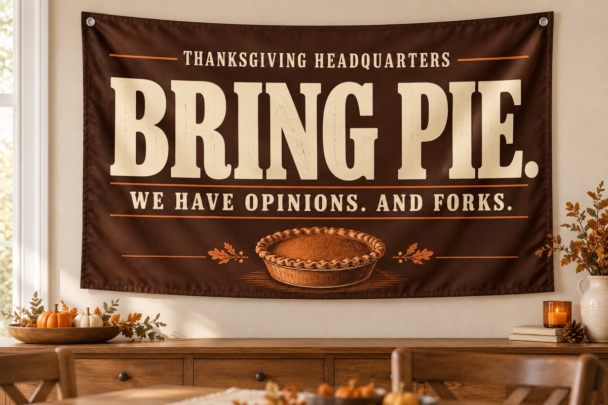 Realistic product mockup of the Bring Pie Thanksgiving 3×5 fabric flag hanging on a dining room wall.