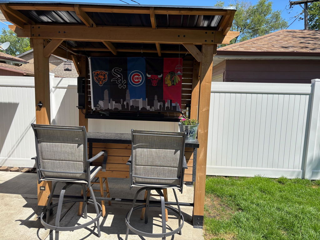 Customer photo of the Chicago five-team skyline banner displayed at an outdoor bar