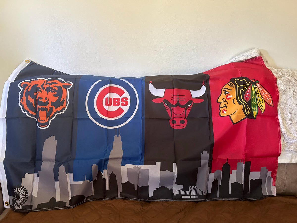 Customer photo of the Chicago four-team skyline flag displayed indoors