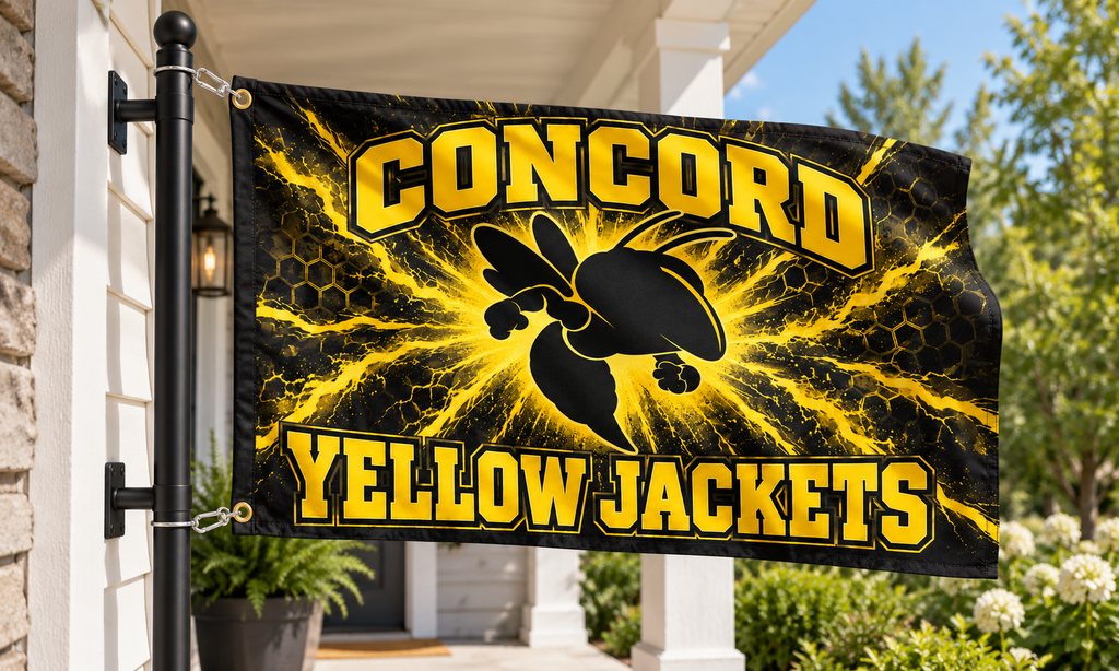 Concord Yellow Jackets black and yellow flag attached through both left grommets