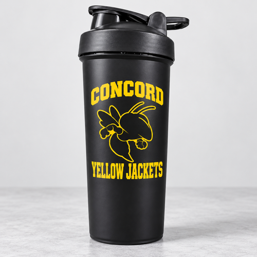 Black Concord Yellow Jackets shaker cup with yellow logo; one cup shown from the bulk pack of 120