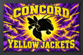 Concord Yellow Jackets Blackout Burst fabric flag or banner display mockup in purple and yellow with a black mascot