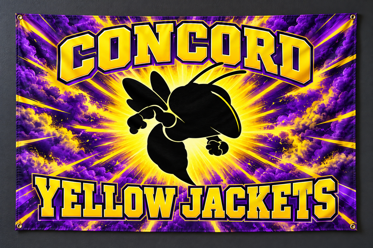 Concord Yellow Jackets Blackout Burst fabric flag or banner display mockup in purple and yellow with a black mascot