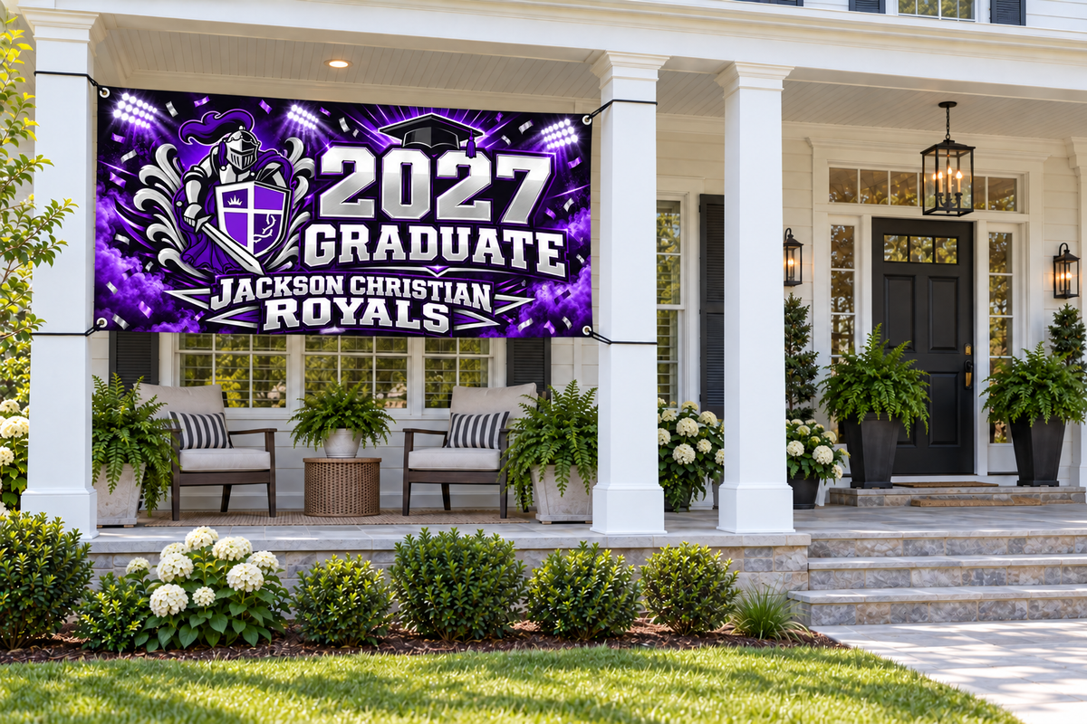 Jackson Christian Royals 2027 Graduate Banner – Stadium Celebration | 4 × 8 ft display mockup