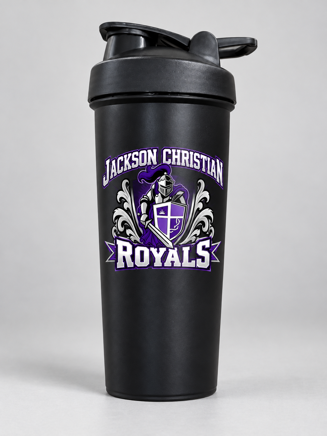 Jackson Christian Royals black shaker cup mockup; sold in packs of 120