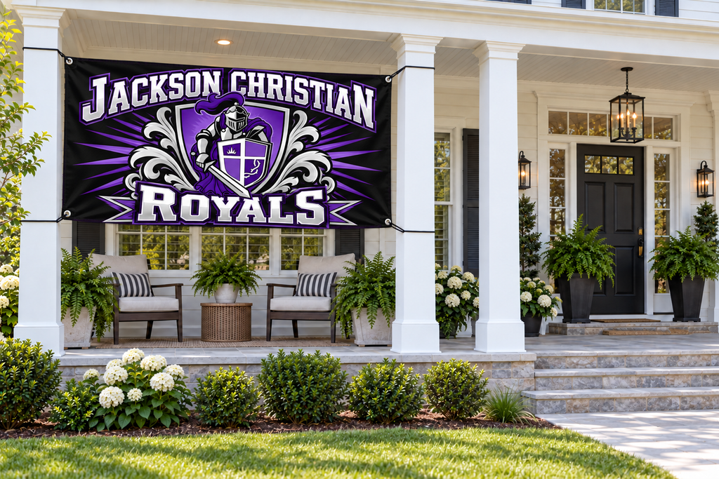 Jackson Christian Royals 4 by 8 foot banner attached at four corner grommets with clear entrance