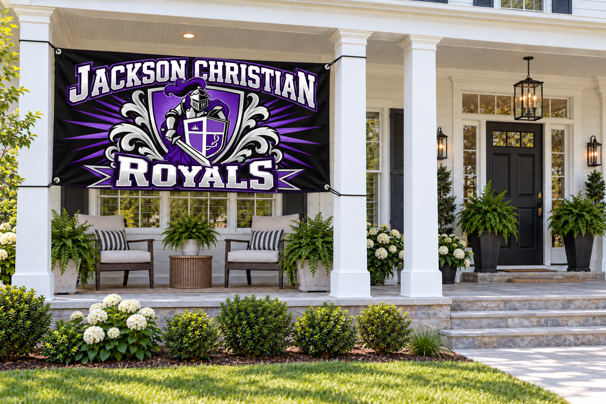 Jackson Christian Royals 4 by 8 foot banner attached at four corner grommets with clear entrance