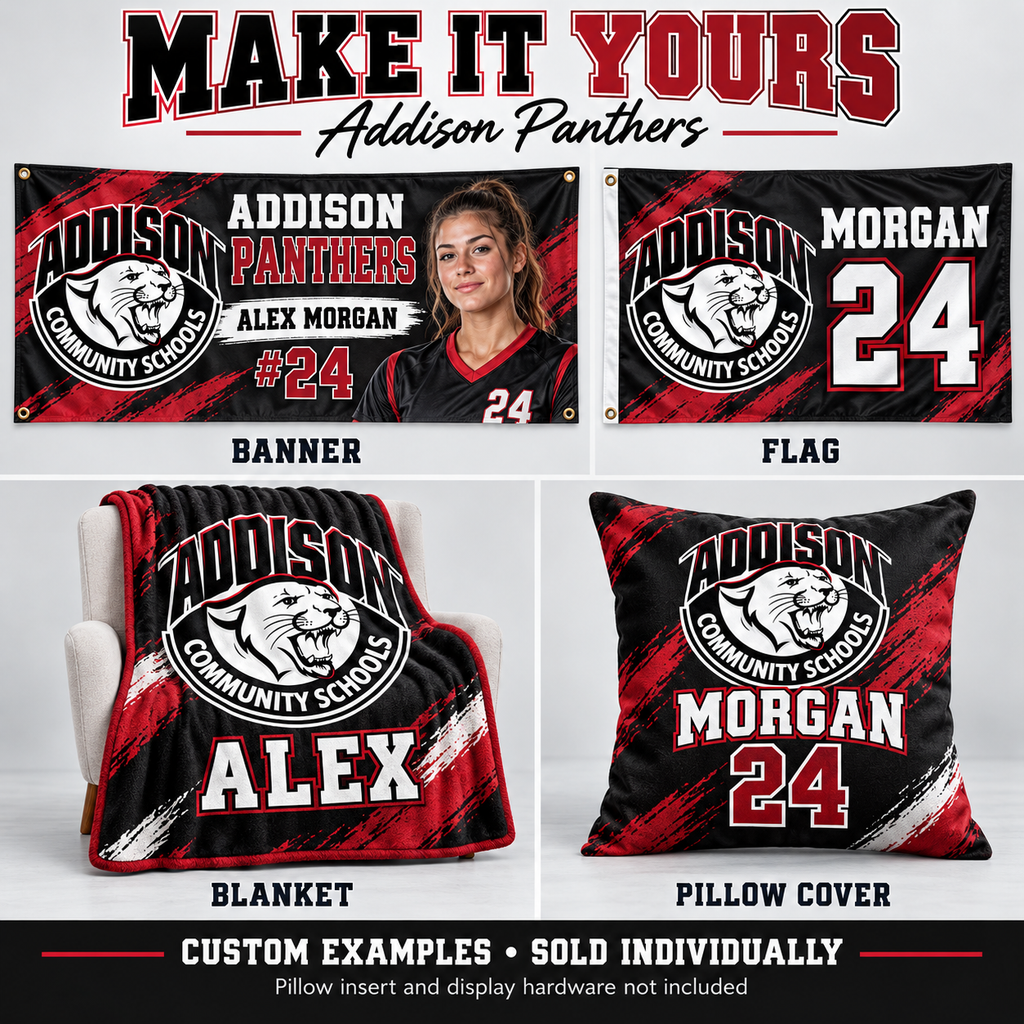 Addison Panthers custom product examples — name, photo and jersey number; sold individually