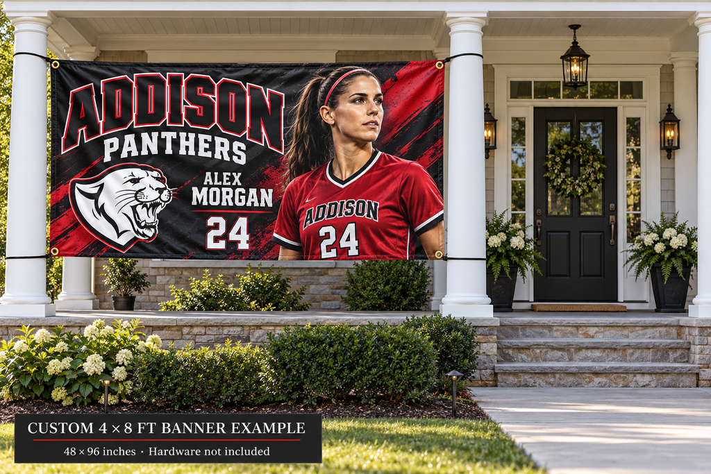 Addison Panthers custom 4 by 8 foot banner example with photo, name and jersey number; four corner grommets secured between porch pillars beside an unobstructed entrance.