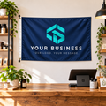 Custom Business Logo Flag | 3 × 5 ft shown on a shop wall — realistic product mockup