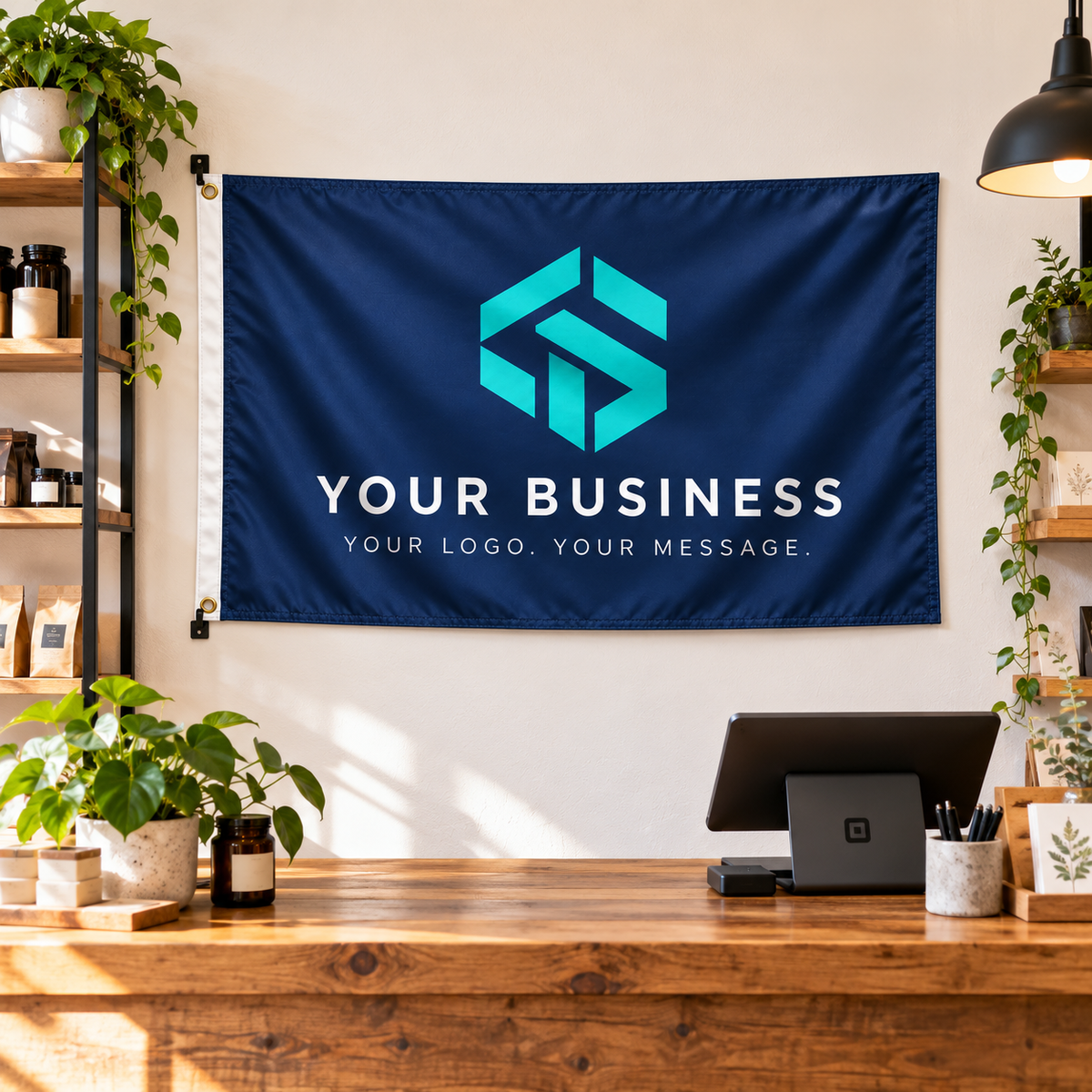 Custom Business Logo Flag | 3 × 5 ft shown on a shop wall — realistic product mockup