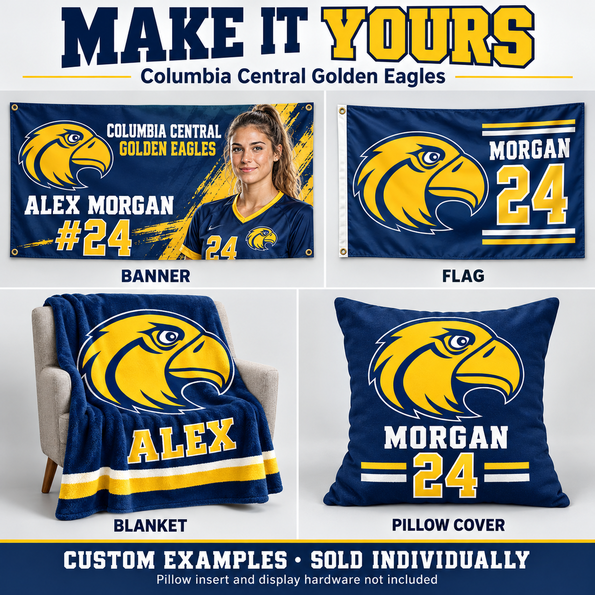 Columbia Central Golden Eagles custom product examples — name, photo and jersey number; sold individually