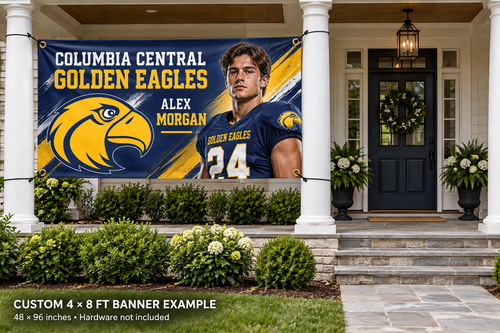 Columbia Central Golden Eagles custom 4 by 8 foot banner example with photo, name and jersey number; four corner grommets secured between porch pillars beside an unobstructed entrance.