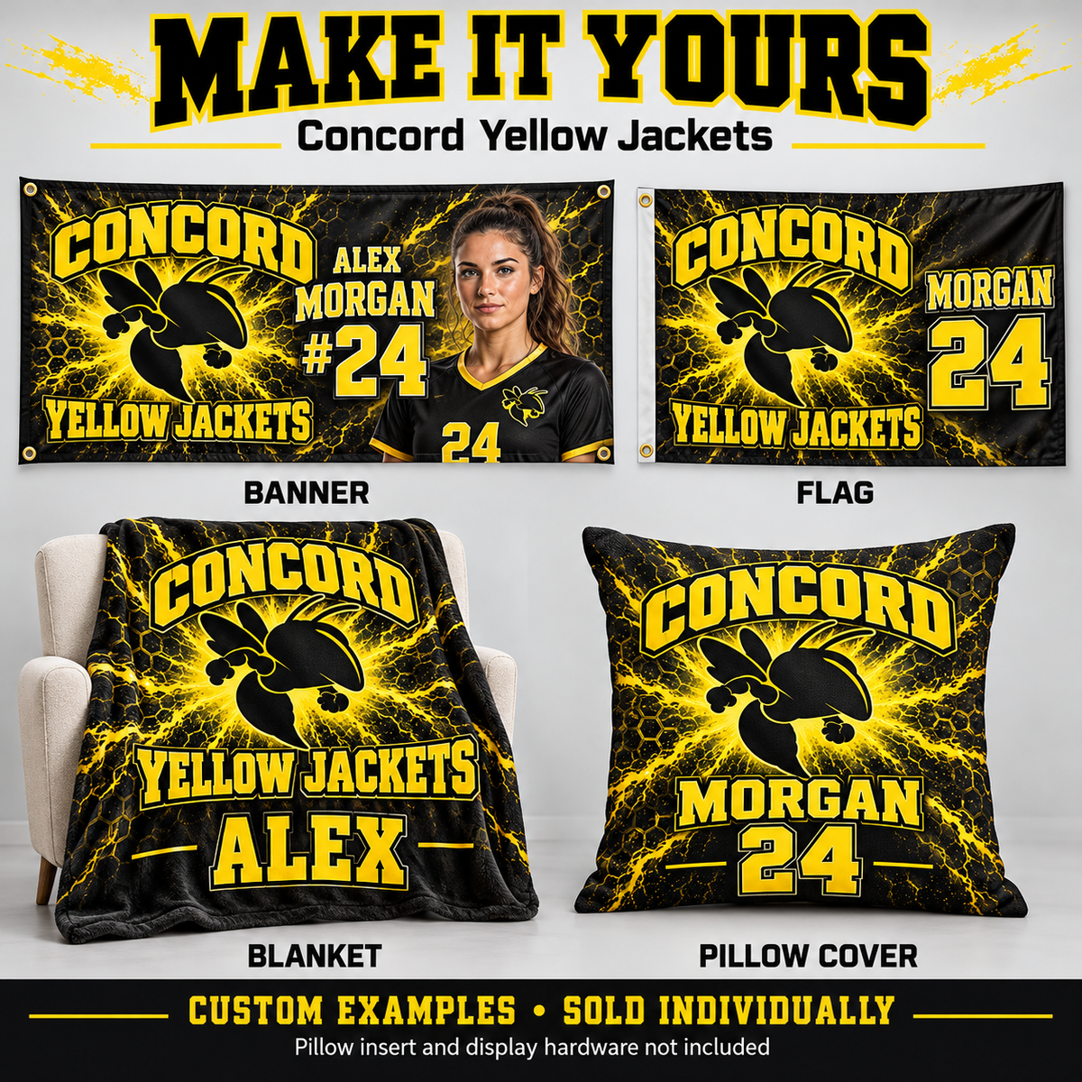 Concord Yellow Jackets custom product examples — name, photo and jersey number; sold individually