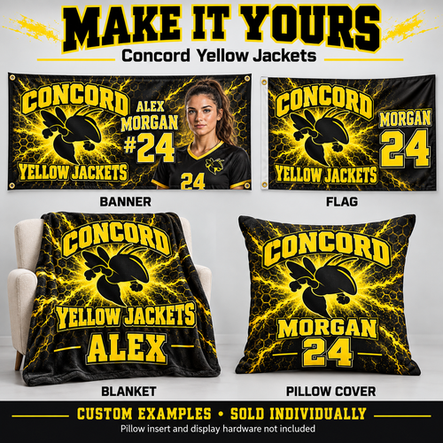 Concord Yellow Jackets custom product examples — name, photo and jersey number; sold individually