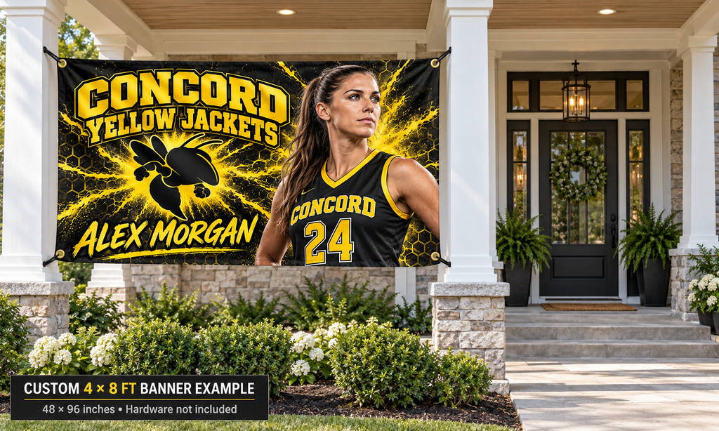 Concord Yellow Jackets custom 4 by 8 foot banner example with photo, name and jersey number; four corner grommets secured between porch pillars beside an unobstructed entrance.